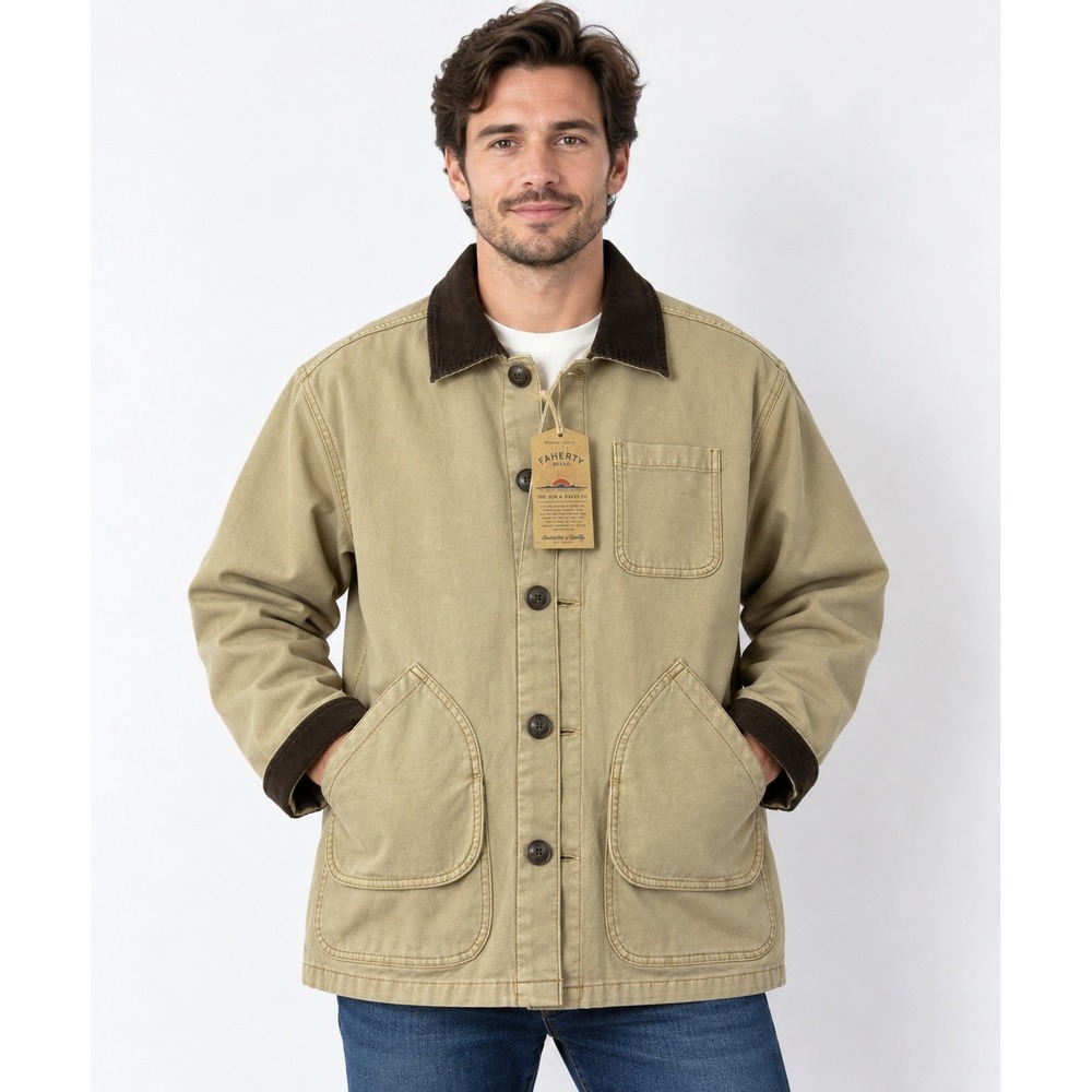 NWT Faherty Sunwashed Canvas Barn Jacket Sandy Khaki Corduroy Collar